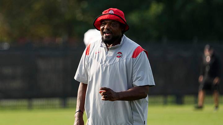 Aug 8, 2024; Columbus, Ohio, USA; Ohio State Buckeyes defensive line coach Larry Johnson talks to players during football practice at the Woody Hayes Athletic Complex.