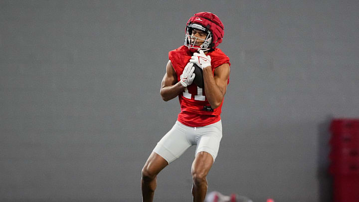 Ohio State Buckeyes wide receiver Quincy Porter (11) catches a ball during spring football practice at the Woody Hayes Athletic Center on March 17, 2025.