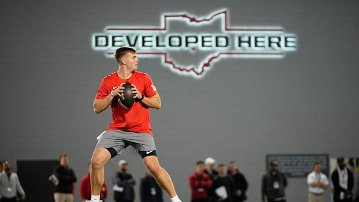 Ohio State Buckeyes quarterback Will Howard drops back to pass during the pro day for NFL scouts at the Woody Hayes Athletic Cente on March 26, 2025.