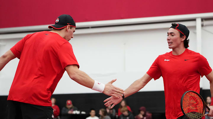 Ohio State Buckeyes No. 1 doubles team of Justin Boulais and Andrew Lutschaunig face South Carolina Gamecocks in the NCAA men   s tennis match on Feb. 11, 2024.