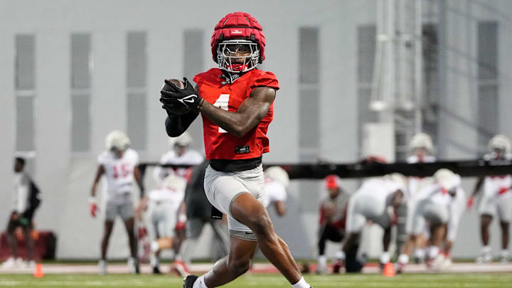 Ohio State Buckeyes wide receiver Jeremiah Smith (4) catches a ball during spring football practice at the Woody Hayes Athletic Center on March 17, 2025.
