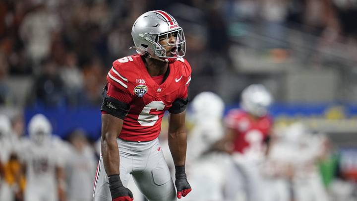 Ohio State Buckeyes safety Sonny Styles (6) celebrates a defensive stop during the first half of the Cotton Bowl Classic College Football Playoff semifinal game against the Texas Longhorns at AT&T Stadium in Arlington, Texas on Jan. 10, 2025.