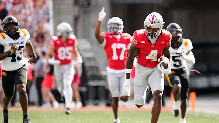 Ohio State Buckeyes wide receiver Jeremiah Smith (4) scores on an 87-yard touchdown catch during the first half of the NCAA football game against Grambling State at Ohio Stadium on Sept. 6, 2025.