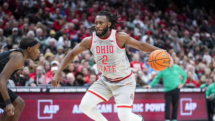 Ohio State Buckeyes guard Bruce Thornton (2) dribbles the ball against the Michigan State Spartans in the second half at Value City Arena on Friday, Jan. 3, 2025 in Columbus, Ohio.