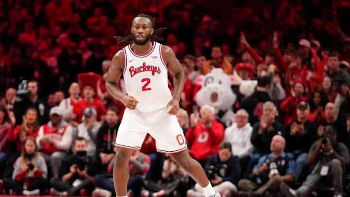Ohio State Buckeyes guard Bruce Thornton (2) celebrates a three pointer during the men's NCAA basketball game against the Notre Dame Fighting Irish at Value City Arena in Columbus on Nov. 16, 2025. Ohio State won 64-63.