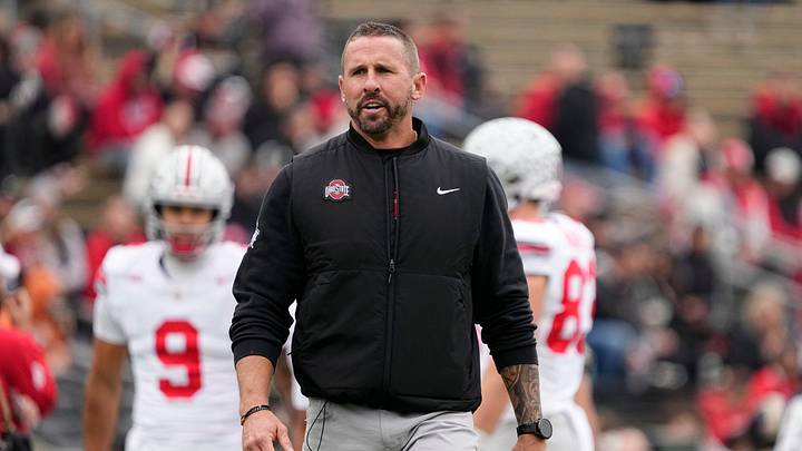 Ohio State Buckeyes defensive coordinator Brian Hartline leads warm ups prior to the NCAA football game against the Purdue Boilermakers at Ross-Ade Stadium in West Lafayette, Ind. on Nov. 8, 2025.