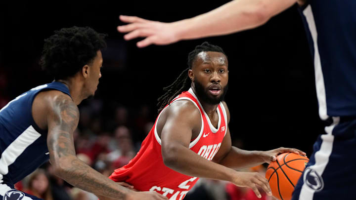 Ohio State Buckeyes guard Bruce Thornton (2) dribbles during the first half of the NCAA men's basketball game against the Penn State Nittany Lions at the Schottenstein Center in Columbus on Jan. 26, 2026.