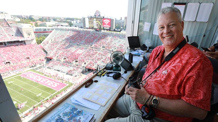 WBNS 97.1 The Fan play-by-play announcer Paul Keels prepares for the Ohio State football game against Tulsa on Saturday, September 18, 2021 . He is part of the Ohio State Learfield Network.

Paul Keels