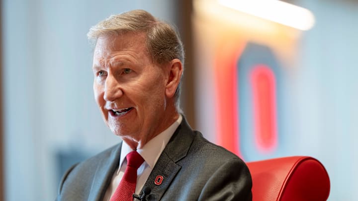 Ohio State University president Ted Carter speaks with the Dispatch prior to the start of the 2025-26 school year from his office on campus on Aug. 18, 2025.