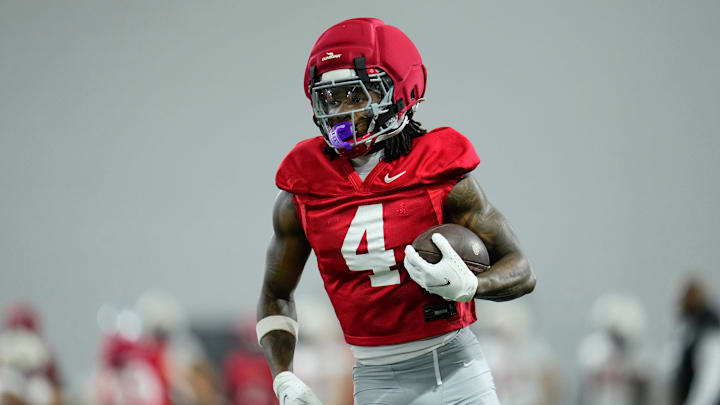 Ohio State Buckeyes wide receiver Jeremiah Smith (4) runs during the first day of spring workouts for the 2026 football season at Woody Hayes Athletic Complex in Columbus on March 10, 2026.