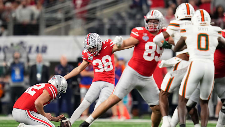 Ohio State Buckeyes kicker Jayden Fielding (38) misses a field goal during the Cotton Bowl at AT&T Stadium in Arlington, Texas for the College Football Playoff quarterfinal game against the Miami Hurricanes on Dec. 31, 2025.