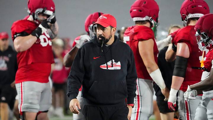 Ohio State Buckeyes head coach Ryan Day watches during Student Appreciation Day spring practice at the Woody Hayes Athletic Center on April 4, 2026.