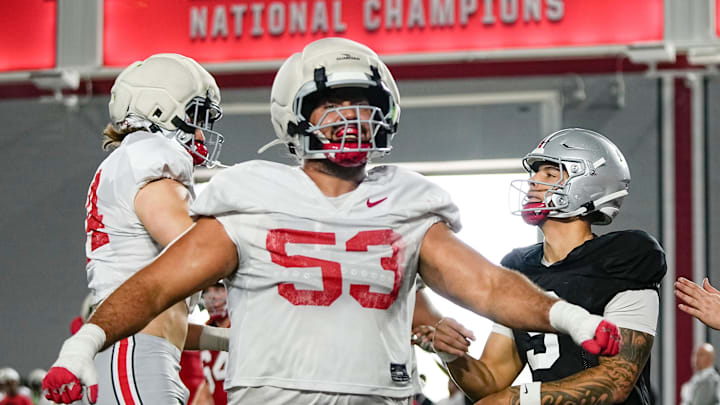 Ohio State Buckeyes defensive tackle Will Smith Jr. (53) celebrates during Student Appreciation Day spring practice at the Woody Hayes Athletic Center on April 4, 2026.