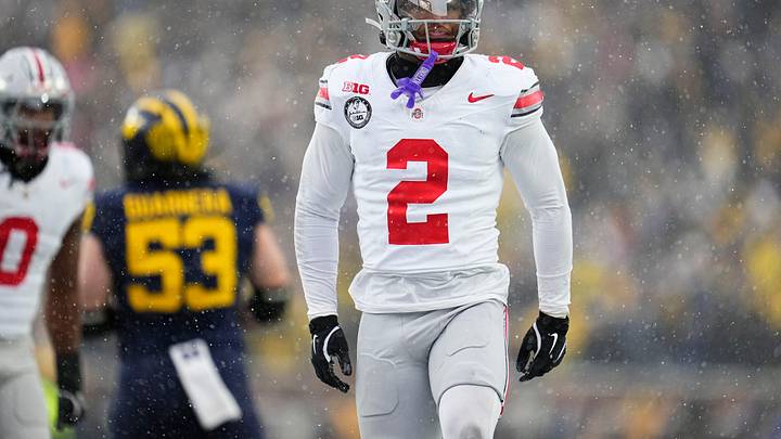 Ohio State Buckeyes defensive back Caleb Downs (2) celebrates during the NCAA football game against the Michigan Wolverines at Michigan Stadium in Ann Arbor, Mich. on Nov. 29, 2025. Ohio State won 27-9.