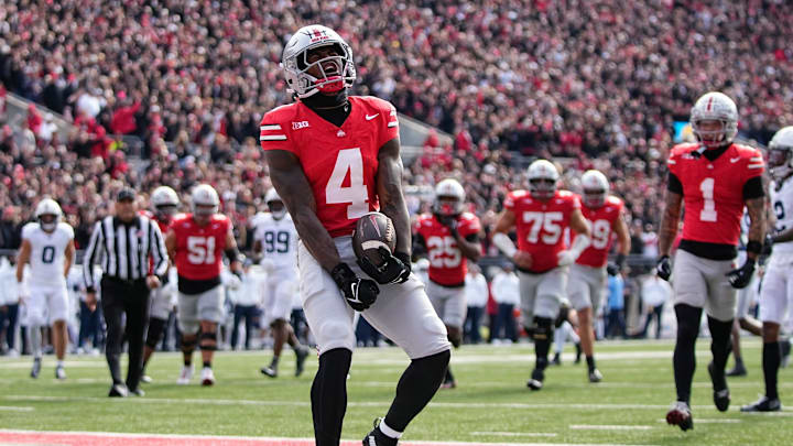 Ohio State receiver Jeremiah Smith celebrates a touchdown against Penn State on Nov. 1.