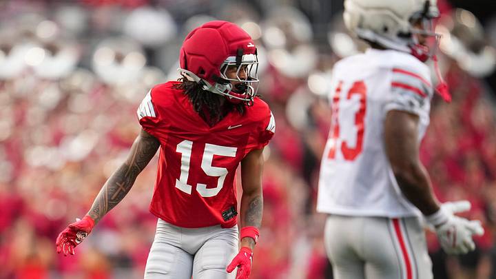 Wide receiver Chris Henry Jr. (15) lines up during the Ohio State football spring game at Ohio Stadium in Columbus on April 18, 2026.