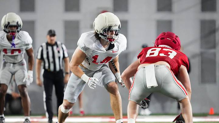 Ohio State Buckeyes linebacker Christian Alliegro (14) lines up across from tight end Nate Roberts (83) during Student Appreciation Day spring practice at the Woody Hayes Athletic Center on April 4, 2026.