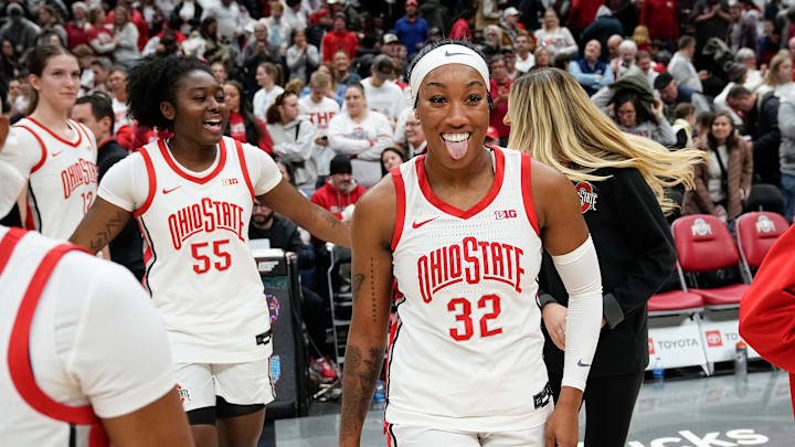 Ohio State Buckeyes forward Cotie McMahon (32) reacts following the 74-66 win over the Maryland Terrapins in the NCAA women's basketball game at Value City Arena on Jan. 23, 2025.