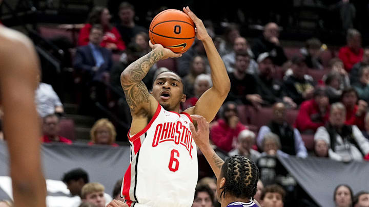Feb 20, 2025; Columbus, Ohio, USA; Ohio State Buckeyes guard Ques Glover (6) shoots the ball in the second half against the Northwestern Wildcats at Value City Arena. Mandatory Credit: Samantha Madar/USA Today Network via Imagn Images