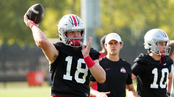 Aug 1, 2024; Columbus, OH, USA; Ohio State Buckeyes quarterback Will Howard (18) throws during football camp at the Woody Hayes Athletic Complex.