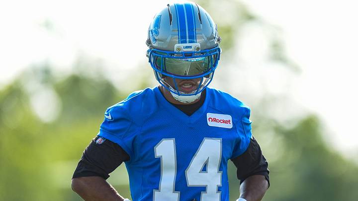 Detroit Lions wide receiver Amon-Ra St. Brown (14) practices during training camp at Meijer Performance Center in Allen Park on Monday, July 21, 2025.