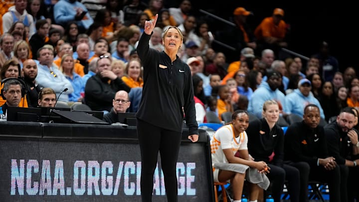 Tennessee Lady Vols head coach Kim Caldwell motions during the first round of the NCAA Women's Basketball Tournament against the South Florida Bulls at Value City Arena in Columbus, Ohio on March 21, 2025.