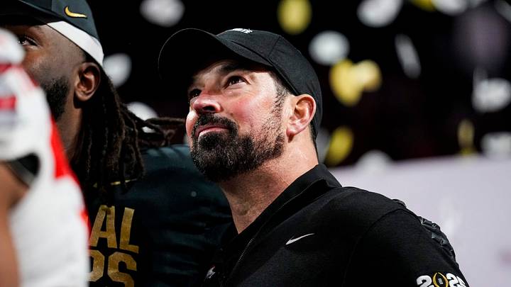 Ohio State Buckeyes head coach Ryan Day reacts after defeating Notre Dame Fighting Irish in the College Football Playoff championship game at Mercedes-Benz Stadium in Atlanta on Jan. 21, 2025.