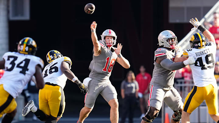 Oct 5, 2024; Columbus, OH, USA; Ohio State Buckeyes quarterback Will Howard (18) throws during the first half of the NCAA football game against the Iowa Hawkeyes at Ohio Stadium.