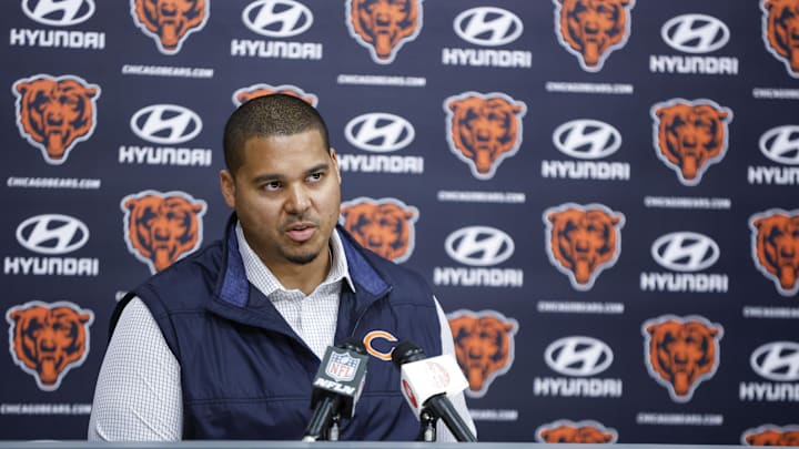 Mar 16, 2023; Lake Forest, IL, USA; Chicago Bears general manager Ryan Poles speaks during a press conference at Halas Hall. Mandatory Credit: Kamil Krzaczynski-Imagn Images