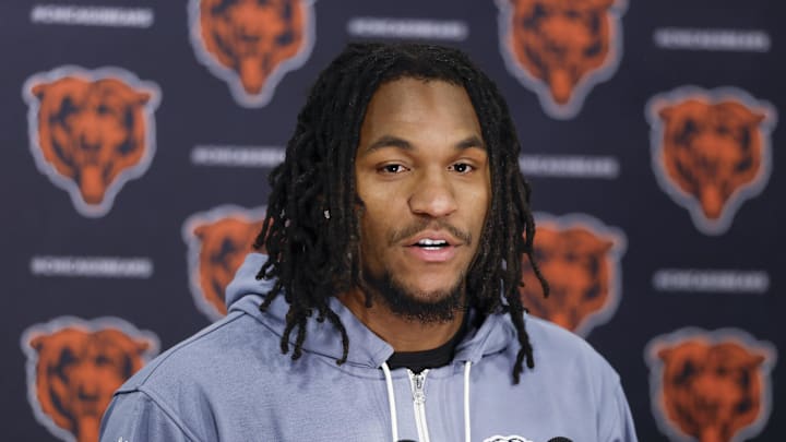 May 9, 2025; Lake Forest, IL, USA; Chicago Bears wide receiver Luther Burden III speaks during the Rookie Minicamp at Halas Hall. Mandatory Credit: Kamil Krzaczynski-Imagn Images