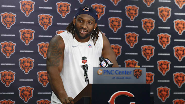 May 9, 2025; Lake Forest, IL, USA; Chicago Bears defensive line Shemar Turner speaks during the Rookie Minicamp at Halas Hall. Mandatory Credit: Kamil Krzaczynski-Imagn Images