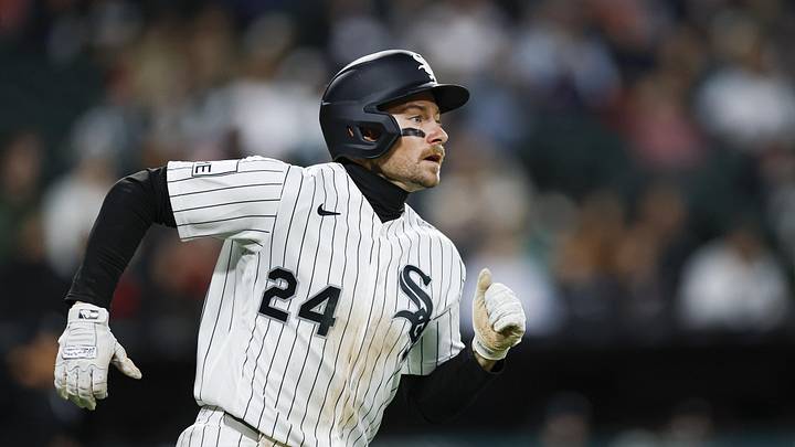 May 13, 2026; Chicago, Illinois, USA; Chicago White Sox right fielder Jarred Kelenic (24) runs after hitting a two-run double against the Kansas City Royals during the fifth inning at Rate Field. Mandatory Credit: Kamil Krzaczynski-Imagn Images