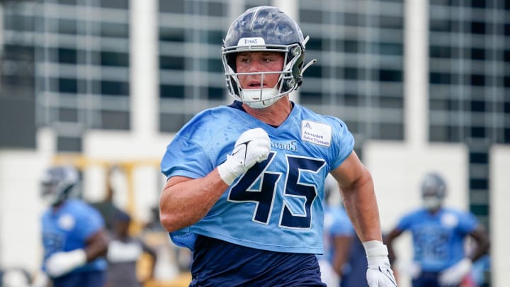 Tennessee Titans linebacker Chance Campbell (45) runs drills during an OTA practice at Ascension Saint Thomas Sports Park in Nashville, Tenn., Wednesday, May 31, 2023.