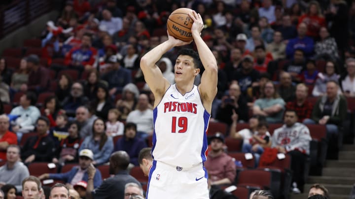 Feb 27, 2024; Chicago, Illinois, USA; Detroit Pistons forward Simone Fontecchio (19): Kamil Krzaczynski-USA TODAY Sports