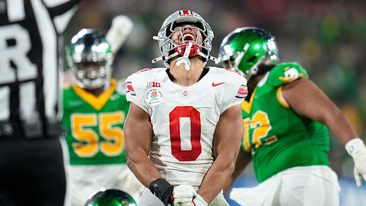 Ohio State Buckeyes linebacker Cody Simon celebrates a sack during the College Football Playoff quarterfinal Ohio State Buckeyes linebacker Cody Simon celebrates a sack during the College Football Playoff quarterfinal