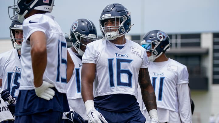 Tennessee Titans wide receiver Treylon Burks (16) prepares to run a drill during an OTA practice at Ascension Saint Thomas Sports Park in Nashville, Tenn., Tuesday, May 23, 2023.