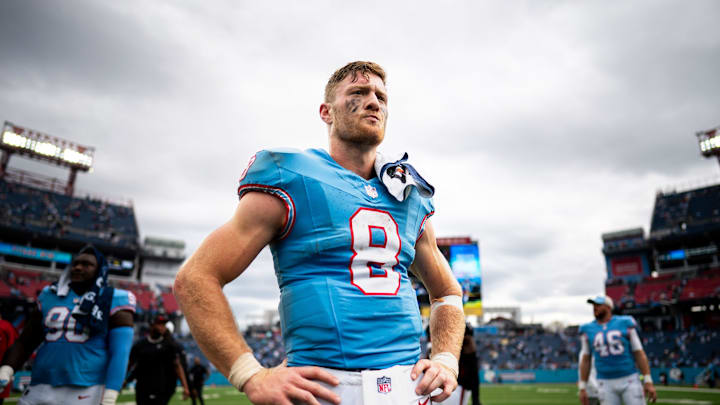 Tennessee Titans quarterback Will Levis (8) celebrates on the field after defeating the Atlanta Falcons at Nissan Stadium in Nashville, Tenn., Sunday, Oct. 29, 2023.