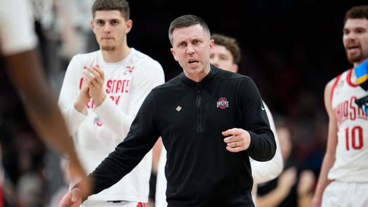Mar 26, 2024; Columbus, OH, USA; Ohio State Buckeyes head coach Jake Diebler yells to his team during the first half of the NIT quarterfinals against the Georgia Bulldogs at Value City Arena. Mar 26, 2024; Columbus, OH, USA; Ohio State Buckeyes head coach Jake Diebler yells to his team during the first half of the NIT quarterfinals against the Georgia Bulldogs at Value City Arena.