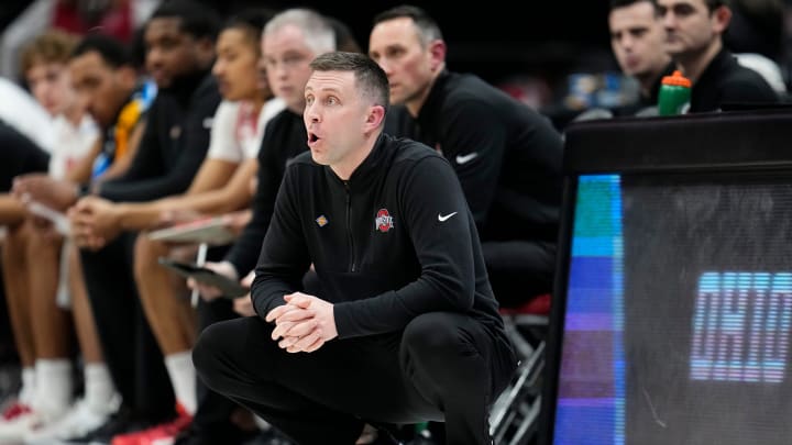 Mar 26, 2024; Columbus, OH, USA; Ohio State Buckeyes head coach Jake Diebler yells from the bench during the first half of the NIT quarterfinals against the Georgia Bulldogs at Value City Arena. Ohio State lost 79-77.