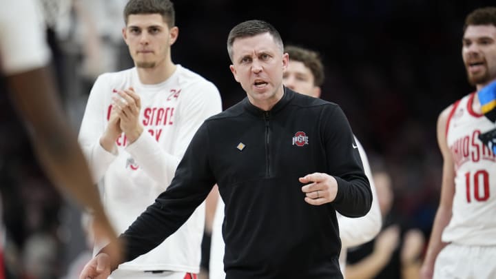 Mar 26, 2024; Columbus, OH, USA; Ohio State Buckeyes head coach Jake Diebler yells to his team during the first half of the NIT quarterfinals against the Georgia Bulldogs at Value City Arena.