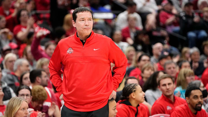 Feb 14, 2024; Columbus, Ohio, USA; Ohio State Buckeyes head coach Kevin McGuff watches during the second half of the NCAA women   s basketball game against the Nebraska Cornhuskers at Value City Arena. Ohio State won 80-47.