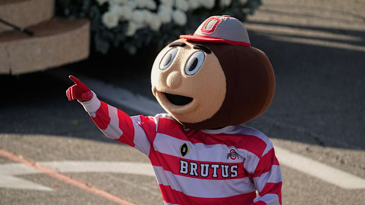 Ohio State Buckeyes mascot Brutus leads the spirit squad and marching band in the Tournament of Roses parade in Pasadena, Calif. on Jan. 1, 2025. The Ohio State Buckeyes play the Oregon Ducks in the Rose Bowl.