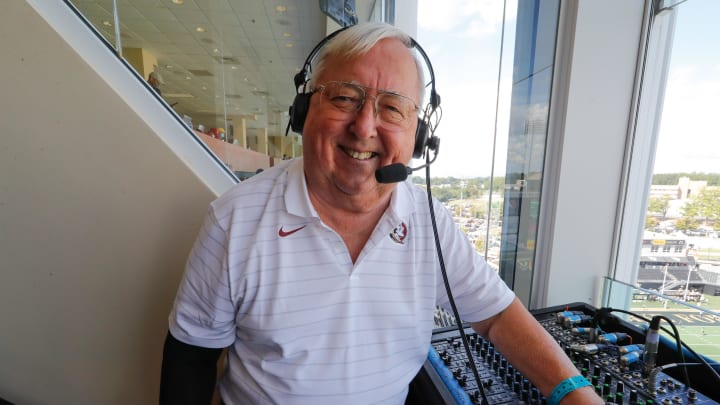 Sep 18, 2021; Winston-Salem, North Carolina, USA;  Gene Deckerhoff has been calling the Florida State Seminoles football games since 1979 along with FSU basketball since 1974 and the NFL   s Tampa Bay Buccaneers since 1989. Here he prepares to call the game between the Wake Forest Demon Deacons and the Florida State Seminoles at Truist Field. Mandatory Credit: Reinhold Matay-USA TODAY Sports