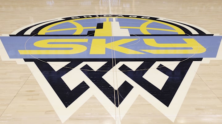 Jul 12, 2025; Chicago, Illinois, USA; Chicago Sky logo is seen on the court before a basketball game between the Chicago Sky and Minnesota Lynx at Wintrust Arena. Mandatory Credit: Kamil Krzaczynski-Imagn Images