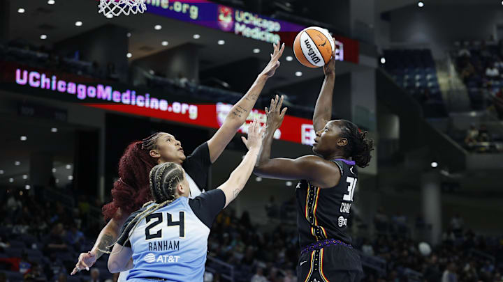 Sep 3, 2025; Chicago, Illinois, USA; Connecticut Sun center Tina Charles (31) shoots against the Chicago Sky during the first half at Wintrust Arena. 