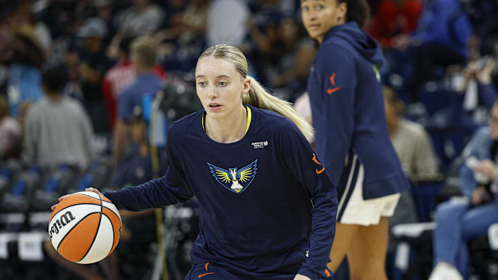 Jul 9, 2025; Chicago, Illinois, USA; Dallas Wings guard Paige Bueckers (5) warms up before a WNBA game against the Chicago Sky at Wintrust Arena. Mandatory Credit: Kamil Krzaczynski-Imagn Images
