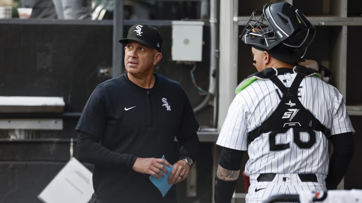 Jun 6, 2024; Chicago, Illinois, USA; Chicago White Sox manager Pedro Grifol (5) looks on from the dugout before a baseball game against the Boston Red Sox at Guaranteed Rate Field.