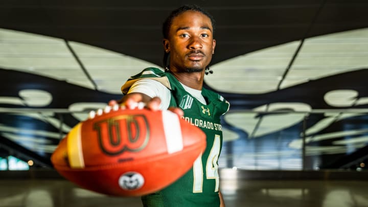 Colorado State football receiver Tory Horton at a media preview day on Aug. 16, 2023, in Fort Collins.