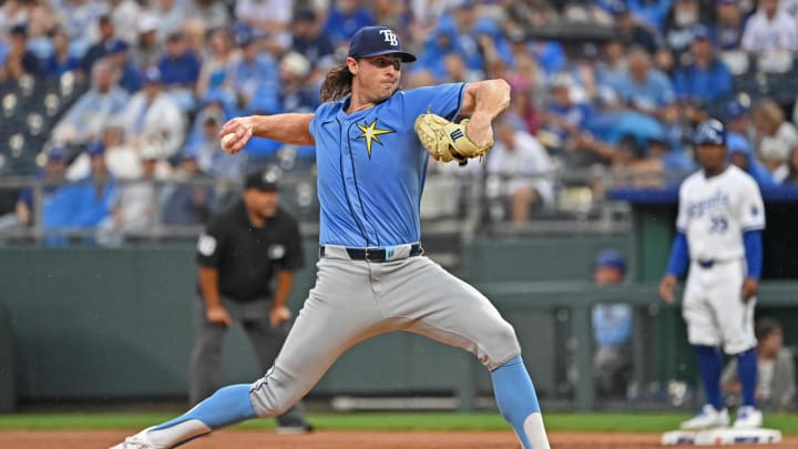 Jul 3, 2024; Kansas City, Missouri, USA;  Tampa Bay Rays staring pitcher Ryan Pepiot (44) delivers a pitch against the Kansas City Royals in the first inning at Kauffman Stadium. Mandatory Credit: Peter Aiken-USA TODAY Sports