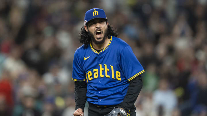 Seattle Mariners reliever Andres Munoz (75) reacts after pitching the eighth inning against the Texas Rangers at T-Mobile Park on June 14.